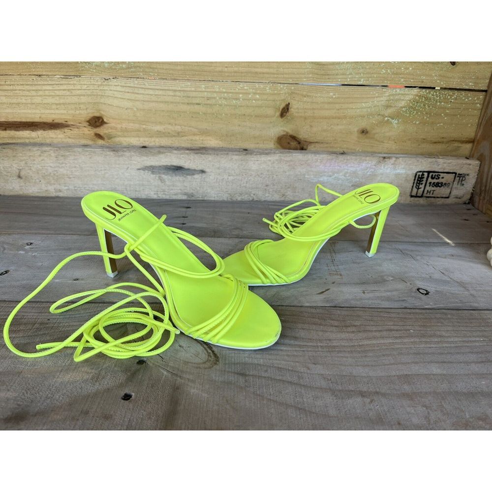 JLO Jennifer Lopez Neon Lime Faux Leather 4" Heel Strappy Sandals‎ Size 6 - Picture 10 of 11